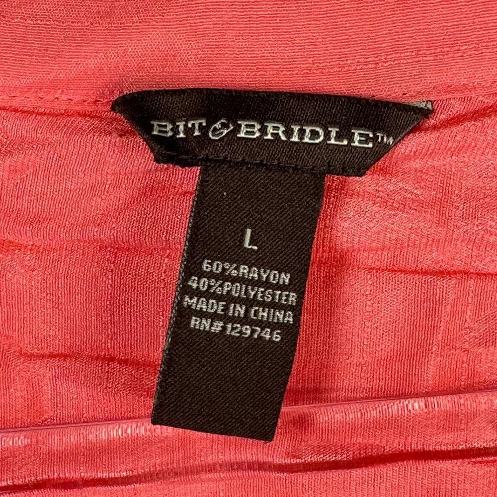 Bit & Bridle‎ Crinkle Tunic Blouse Coral Pink Rayon Blend L Roll Tab Boho - Picture 3 of 6